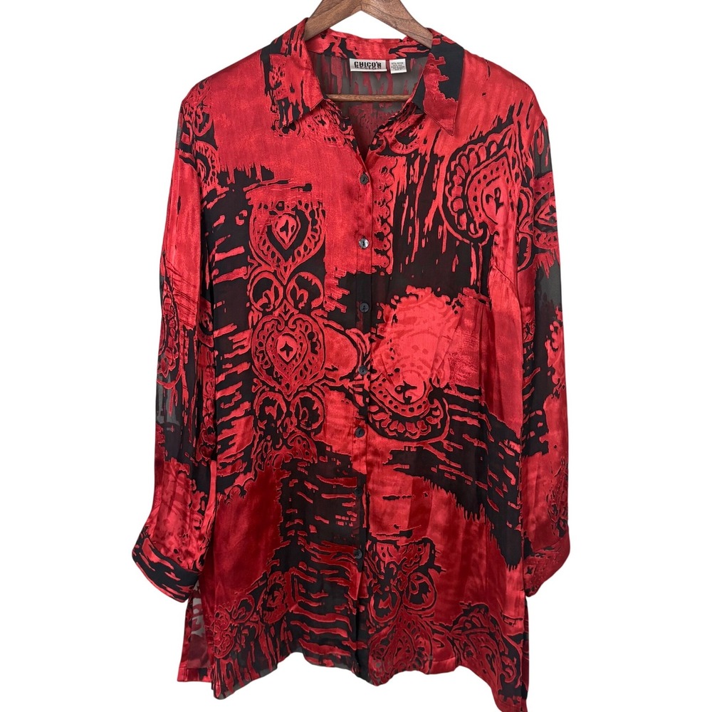 Chico's Size 2 Button Down Shirt Womens XL Red Black Silk Burnout Dark Feminine